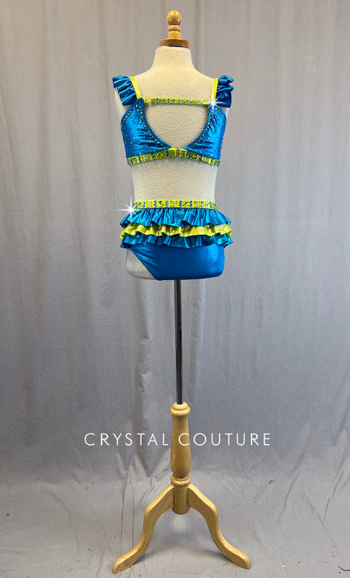 Aqua & Lime Green Striped Two Piece with Ruffled Skirt - Rhinestones