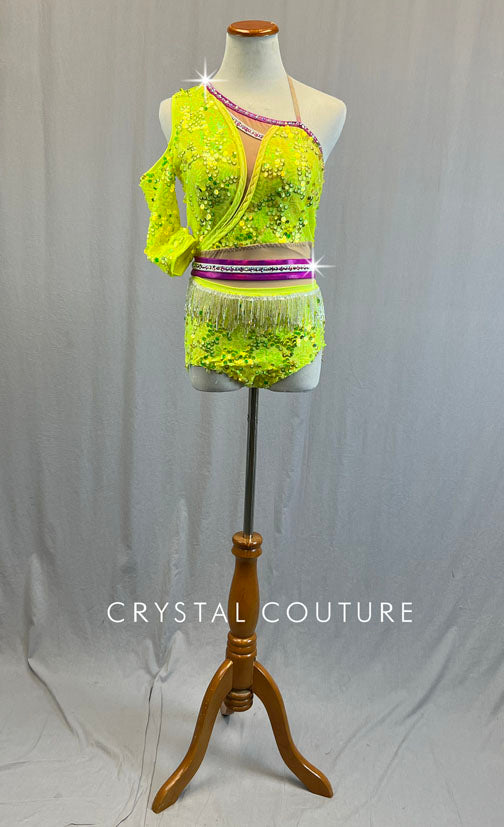 Custom Neon Yellow & Magenta Asymmetrical Leotard with Sequins and Beaded Fringe - Rhinestones