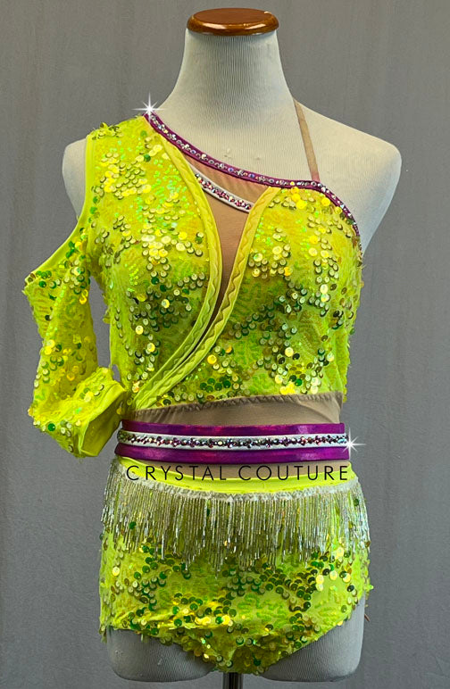 Custom Neon Yellow & Magenta Asymmetrical Leotard with Sequins and Beaded Fringe - Rhinestones