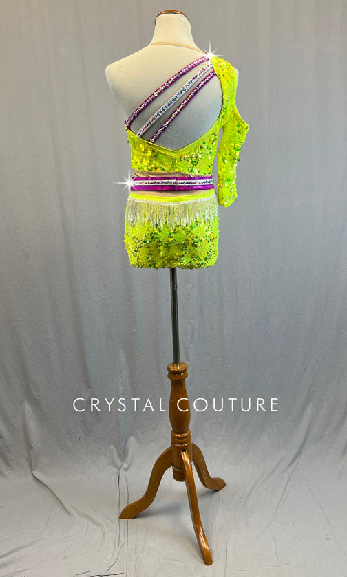 Custom Neon Yellow & Magenta Asymmetrical Leotard with Sequins and Beaded Fringe - Rhinestones