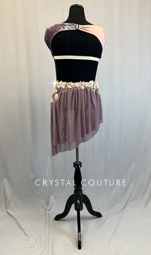 Custom Dusty Rose & Velvet Mauve Asymmetrical Split Leotard with Back skirt and appliques - Rhinestones
