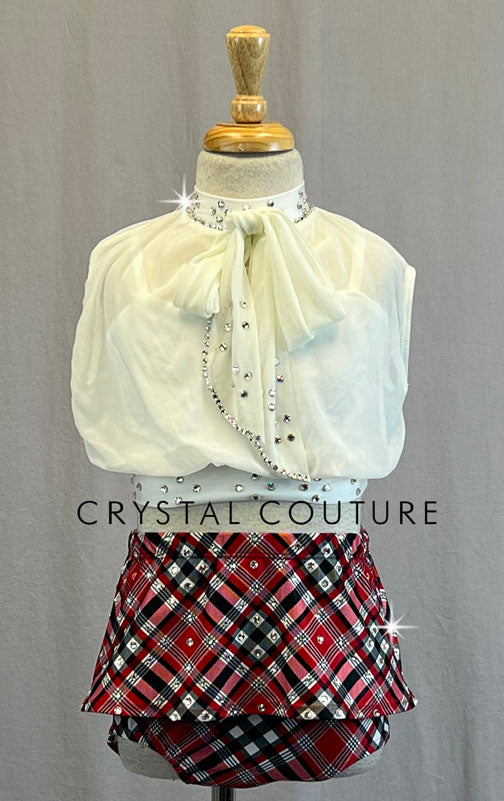 Red Plaid Skirt and White Chiffon Crop Top