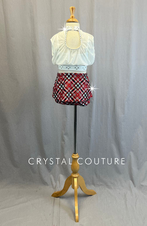 Red Plaid Skirt and White Chiffon Crop Top