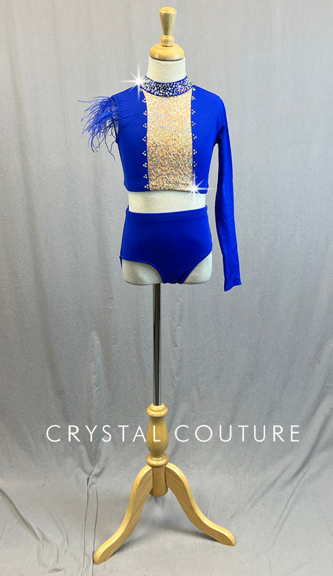 Custom Royal Blue Asymmetrical Two Piece with Ostrich Feathers - Rhine Crystal Couture Custom Royal Blue Asymmetrical Two Piece with Ostrich Feathers - Rhine Crystal Couture