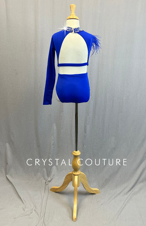 Custom Royal Blue Asymmetrical Two Piece with Ostrich Feathers - Rhinestones