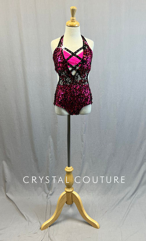 Custom Hot Pink and Black Sequin Lace Halter Leotard with Strappy Back - Rhinestones