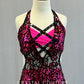 Custom Hot Pink and Black Sequin Lace Halter Leotard with Strappy Back - Rhinestones