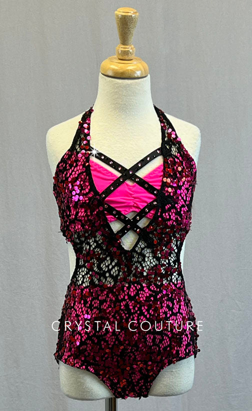 Custom Hot Pink and Black Sequin Lace Halter Leotard with Strappy Back - Rhinestones