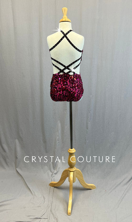Custom Hot Pink and Black Sequin Lace Halter Leotard with Strappy Back - Rhinestones