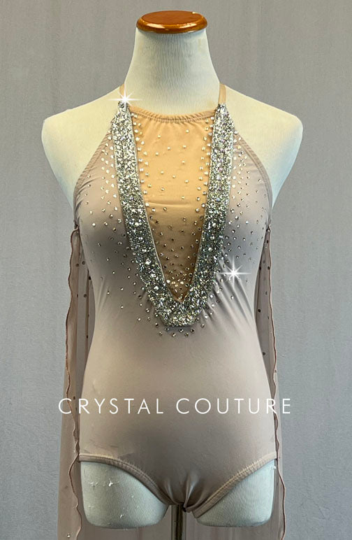 Light Mauve Deep V Leotard with Long Back Skirt - Rhinestones