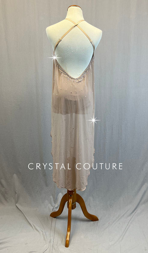 Light Mauve Deep V Leotard with Long Back Skirt - Rhinestones