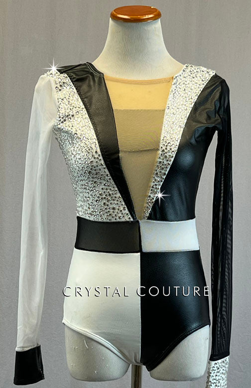 Black & White Color Block Deep V Leotard with Mesh Sleeves - Rhinestones