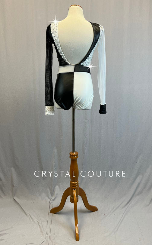 Black & White Color Block Deep V Leotard with Mesh Sleeves - Rhinestones
