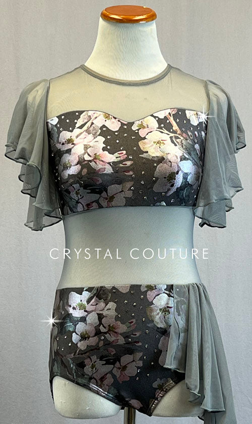 Grey Metallic Floral Leotard with Mesh Side Bustle and Flutter Sleeves - Rhinestones
