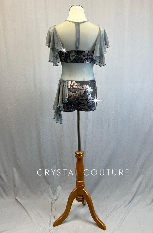 Grey Metallic Floral Leotard with Mesh Side Bustle and Flutter Sleeves - Rhinestones