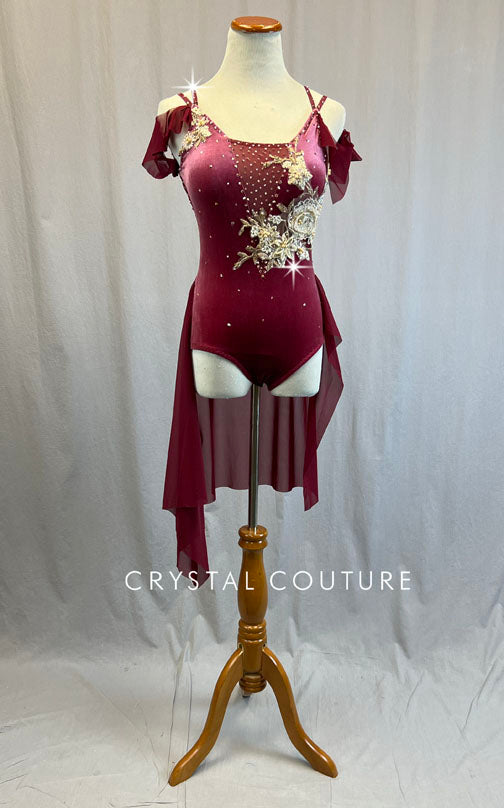 Custom Wine Velour Leotard with Maroon Mesh Skirt and Appliques