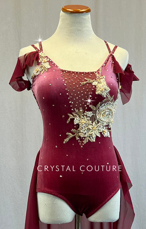 Custom Wine Velour Leotard with Maroon Mesh Skirt and Appliques