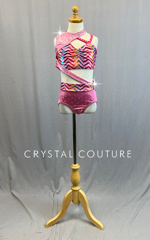 Light Pink Asymmetrical Connected Two PIece with Rainbow Chevron - Rhinestones