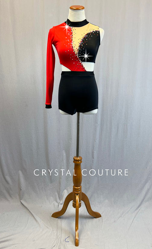 Custom Red & Black Asymmetrical cut out Biketard - Rhinestones