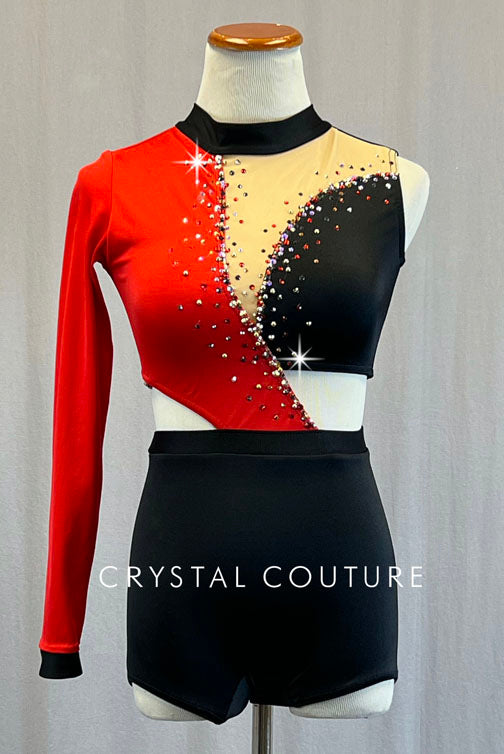 Custom Red & Black Asymmetrical cut out Biketard - Rhinestones