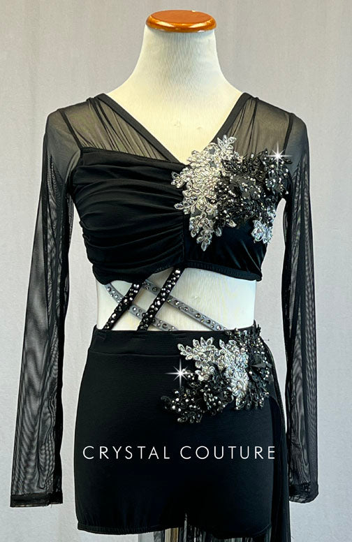 Custom Black & Grey Strappy Connected Two Piece with Mesh Side Skirt - Rhinestones