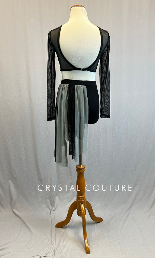 Custom Black & Grey Strappy Connected Two Piece with Mesh Side Skirt - Rhinestones