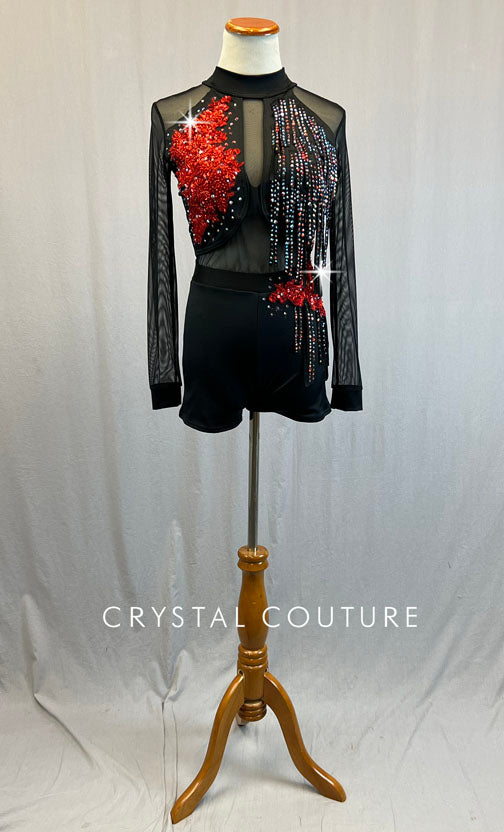 Custom Black Mesh Long Sleeve Biketard with Red Appliques and Fringe - Rhinestones