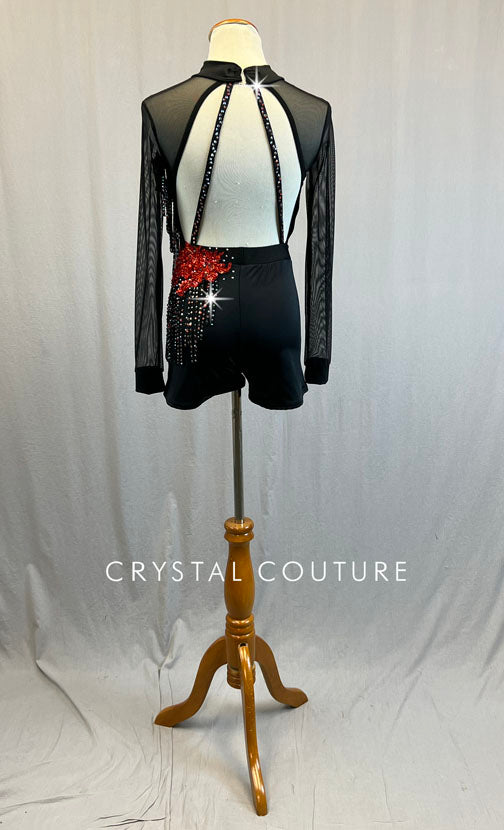 Custom Black Mesh Long Sleeve Biketard with Red Appliques and Fringe - Rhinestones