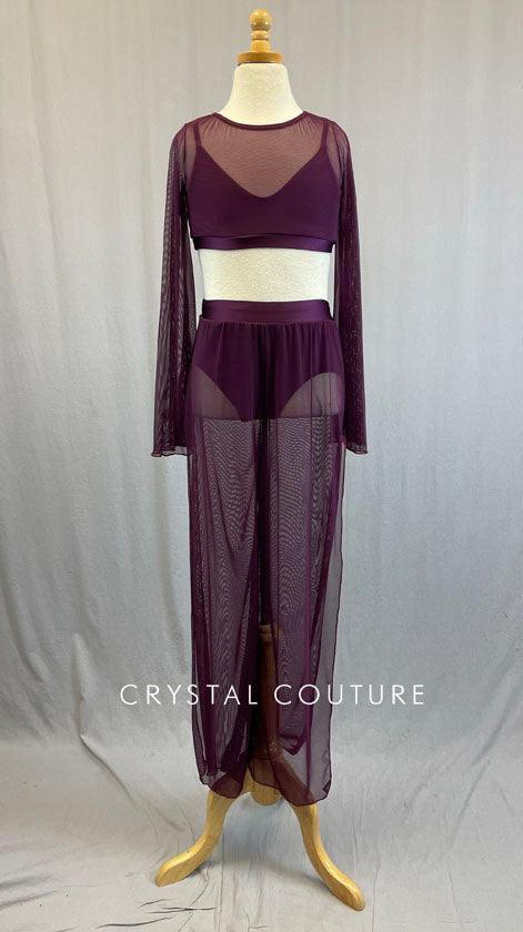 Plum Mesh Flare Sleeve Top with Wide Leg Pants