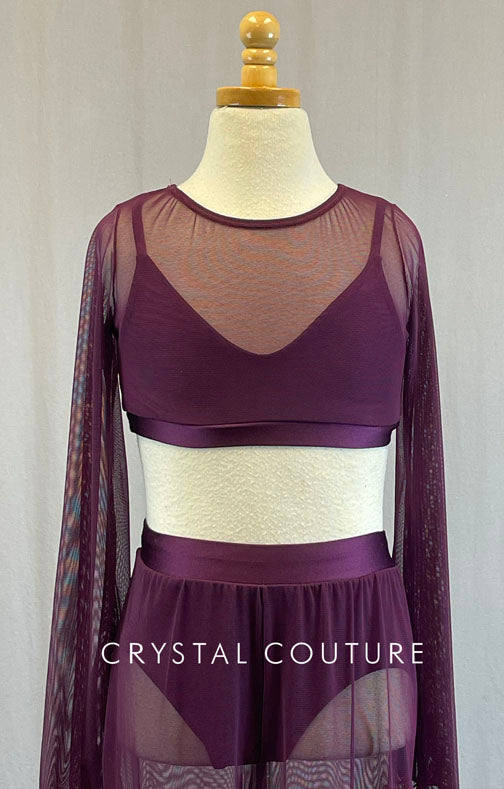 Plum Mesh Flare Sleeve Top with Wide Leg Pants