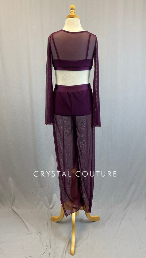 Plum Mesh Flare Sleeve Top with Wide Leg Pants