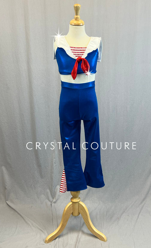 Custom Blue, Red & White Sailor Inspired Two Piece with Flare Pants - Rhinestones