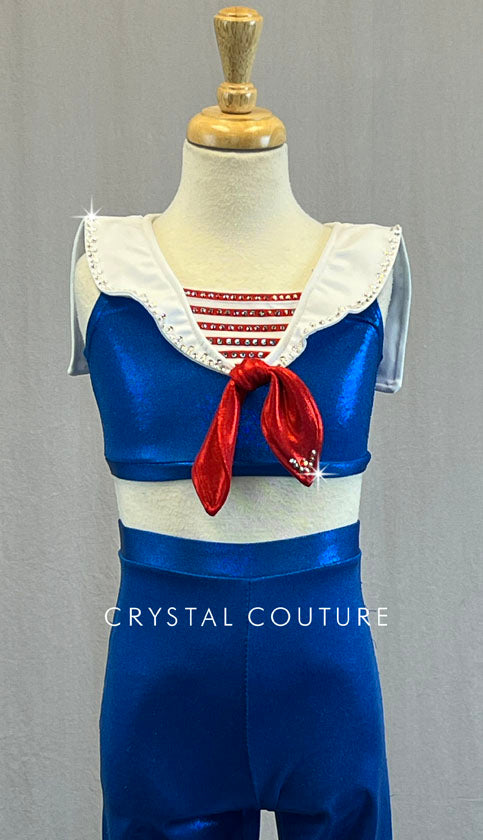 Custom Blue, Red & White Sailor Inspired Two Piece with Flare Pants - Rhinestones