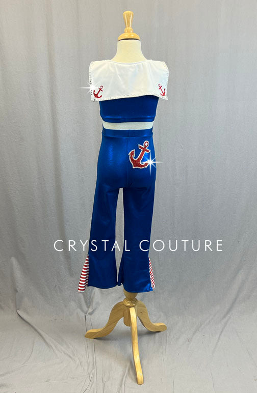 Custom Blue, Red & White Sailor Inspired Two Piece with Flare Pants - Rhinestones