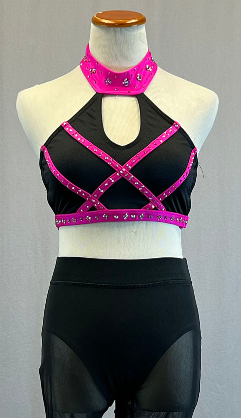 Custom Black & Hot Pink Strappy Connected Two Piece with Mesh Leggings - Rhinestones