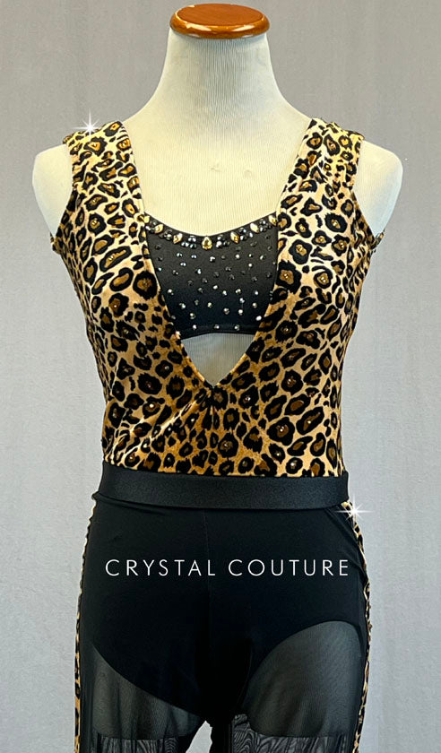 Custom Velvet Cheetah Print Unitard with Mesh Leggings - Rhinestones