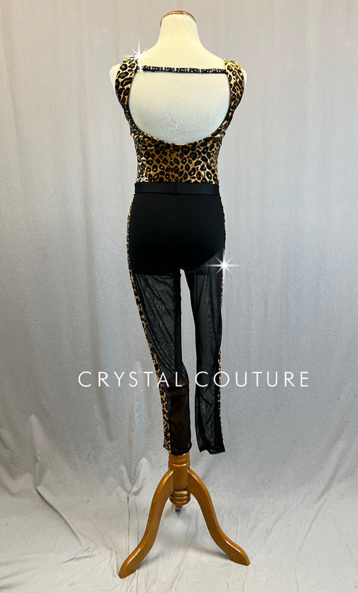 Custom Velvet Cheetah Print Unitard with Mesh Leggings - Rhinestones