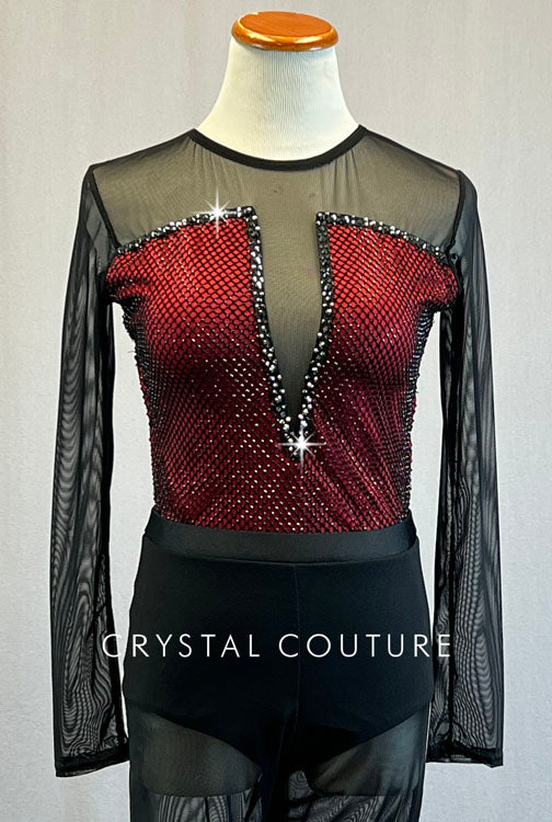 Custom Black & Red Fishnet Topped Biketard with Mesh Shorts and Sleeves - Rhinestones