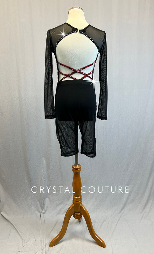 Custom Black & Red Fishnet Topped Biketard with Mesh Shorts and Sleeves - Rhinestones