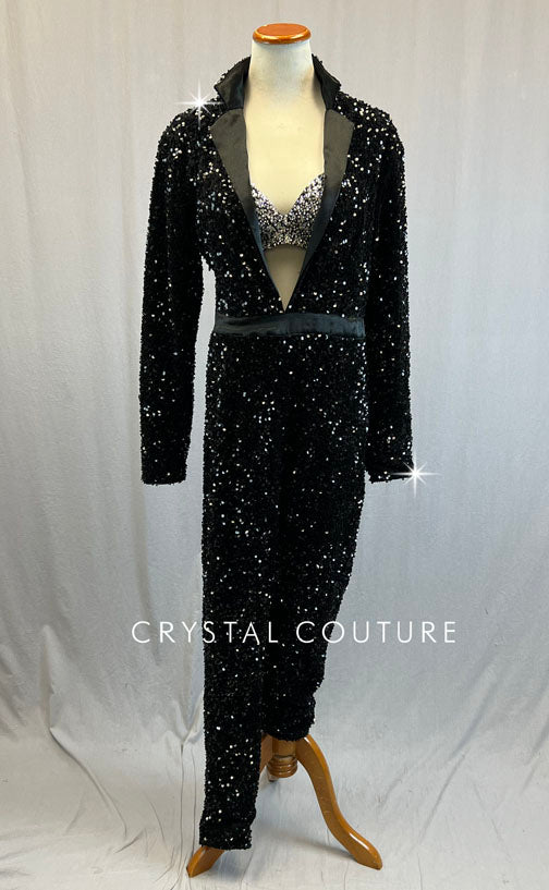 Black Sequin Jumpsuit with Rhinestoned Bra - Rhinestones