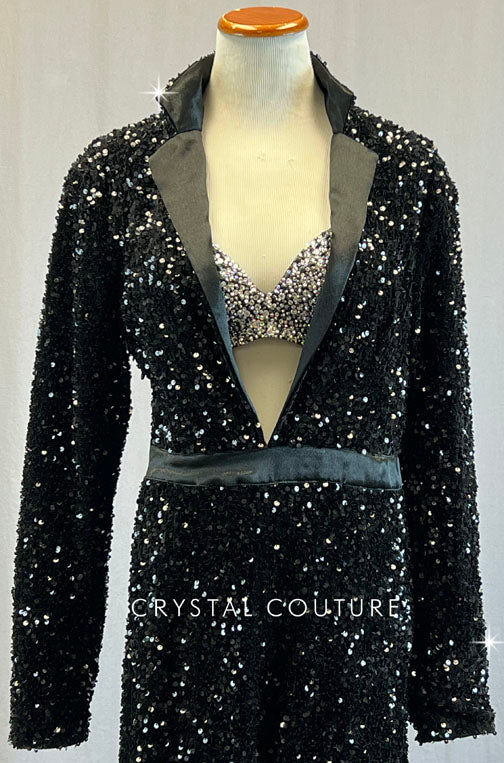 Black Sequin Jumpsuit with Rhinestoned Bra - Rhinestones