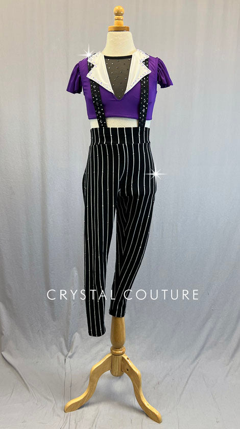 Custom Purple Collared Top with Pinstripe Jumper - Rhinestones