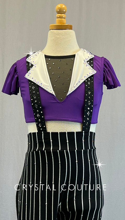 Custom Purple Collared Top with Pinstripe Jumper - Rhinestones