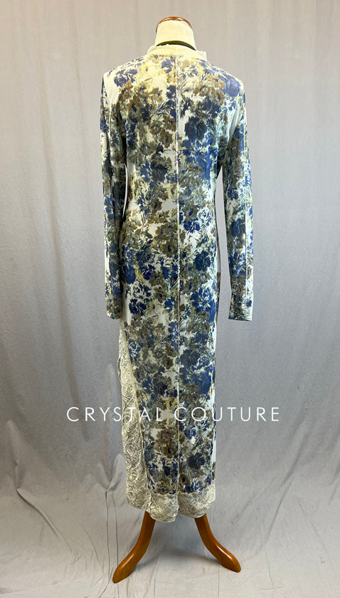 Slate Blue & Olive Floral Print Long Sleeve Dress with Lace Edging