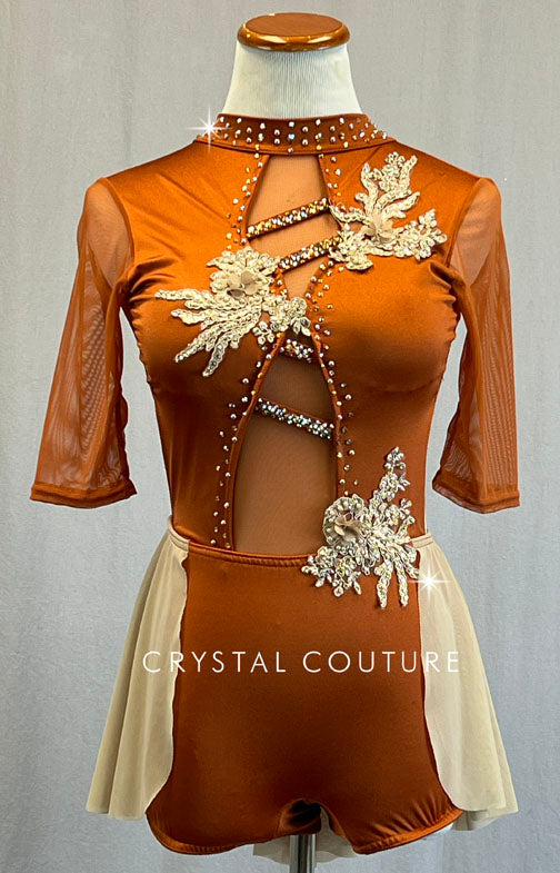 Custom Burnt Orange Open Back Biketard with Mesh Sleeves and Champagne Back Skirt - Rhinestones
