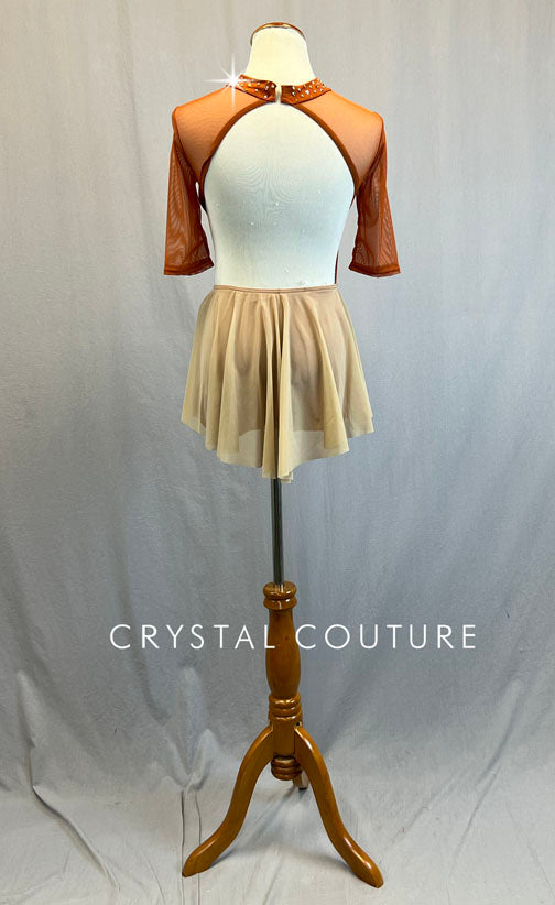 Custom Burnt Orange Open Back Biketard with Mesh Sleeves and Champagne Back Skirt - Rhinestones