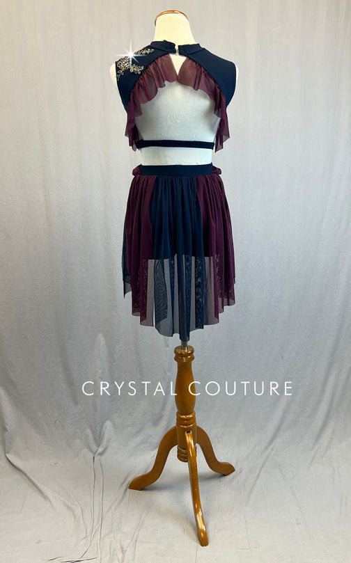 Custom Navy Blue & Plum Two Piece with Mesh Back Skirt and Shoulder Ruffle - Rhinestones