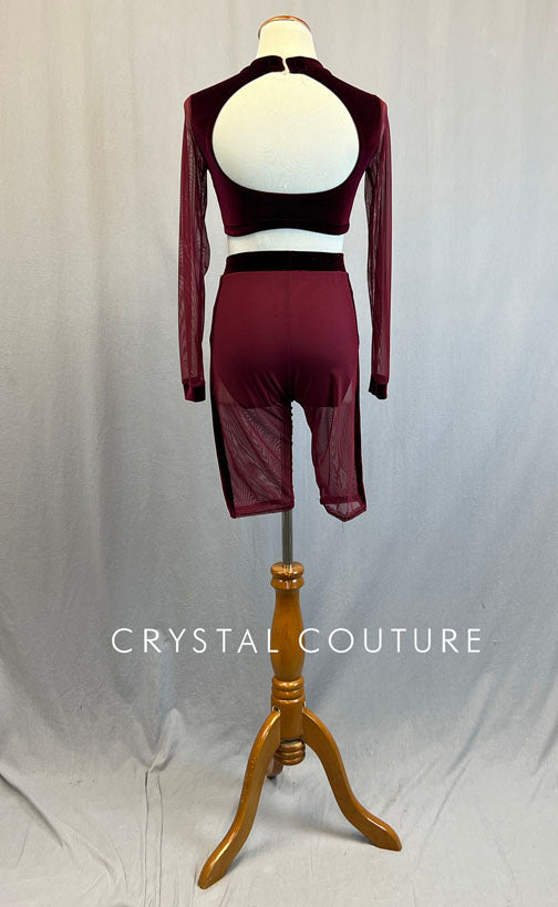 Custom Burgundy Velvet Two Piece with Long Mesh Sleeves and Bike Shorts