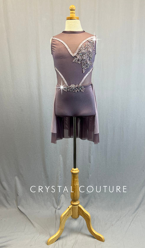 Custom Dusty Purple Biketard with Mesh Inserts and Layered Back Skirt - Rhinestones