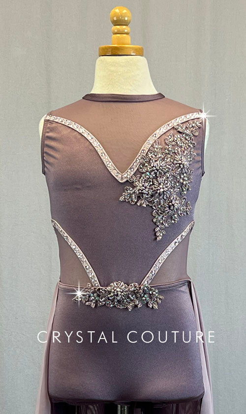 Custom Dusty Purple Biketard with Mesh Inserts and Layered Back Skirt - Rhinestones
